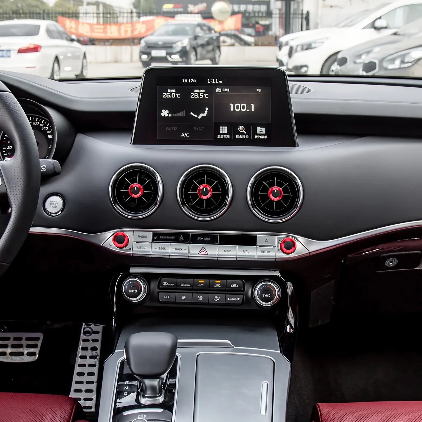 Passend für Kia Stinger 2018-2023 Rote Regler aus Aluminium Radio Klima Blenden